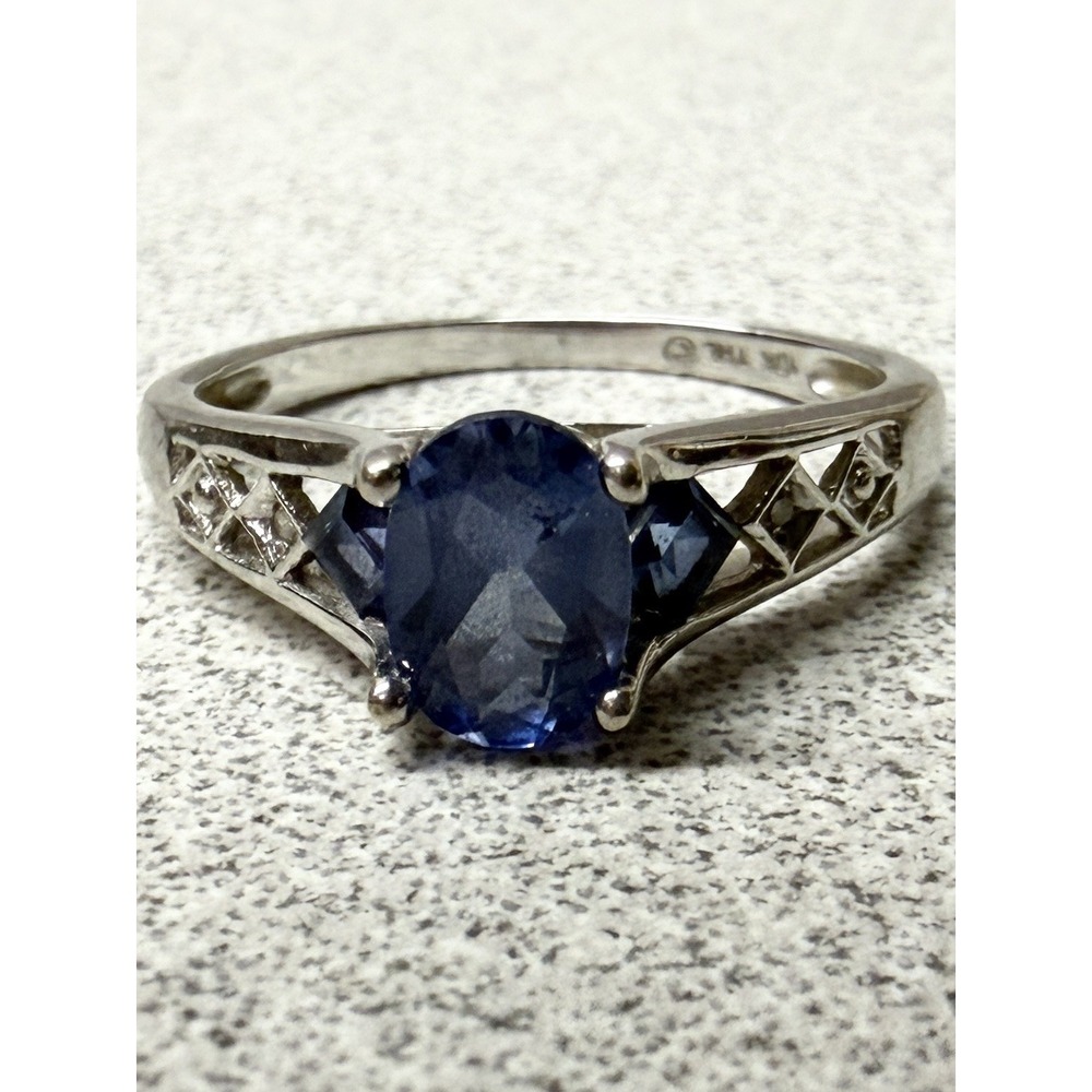 10kt White Gold THL Lab Created Sapphire & Diamond Ring Size 6.5 Weighs 2 Grams